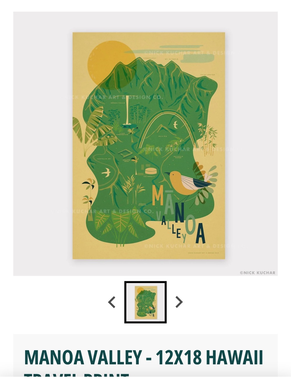 Nick Kuchar Manoa Valley Art Print - Green & Yellow Tropical Illustration FRAMED